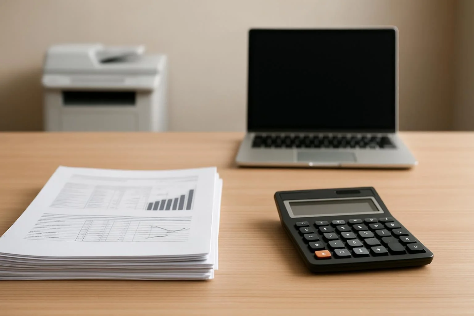 Dosyalar, hesap makinesi ve bilgisayar bulunan sade bir finansal çalışma masası