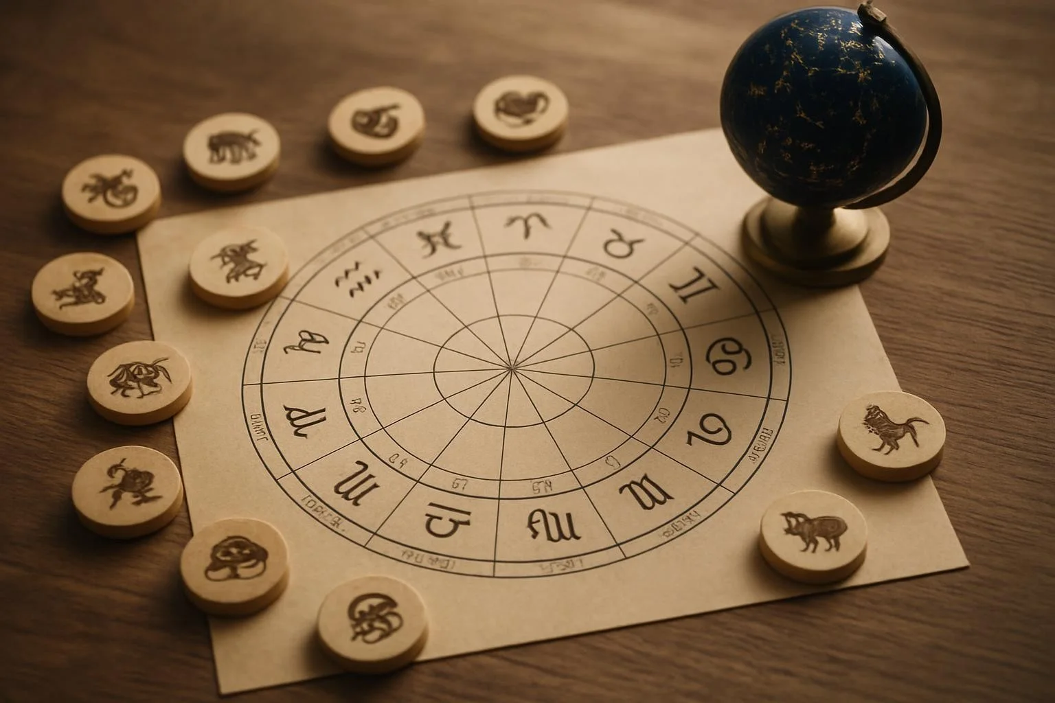 Çin astrolojisi sembolleri ve burç haritası üzerinde çalışma yapan bir masa ve astroloji haritası.