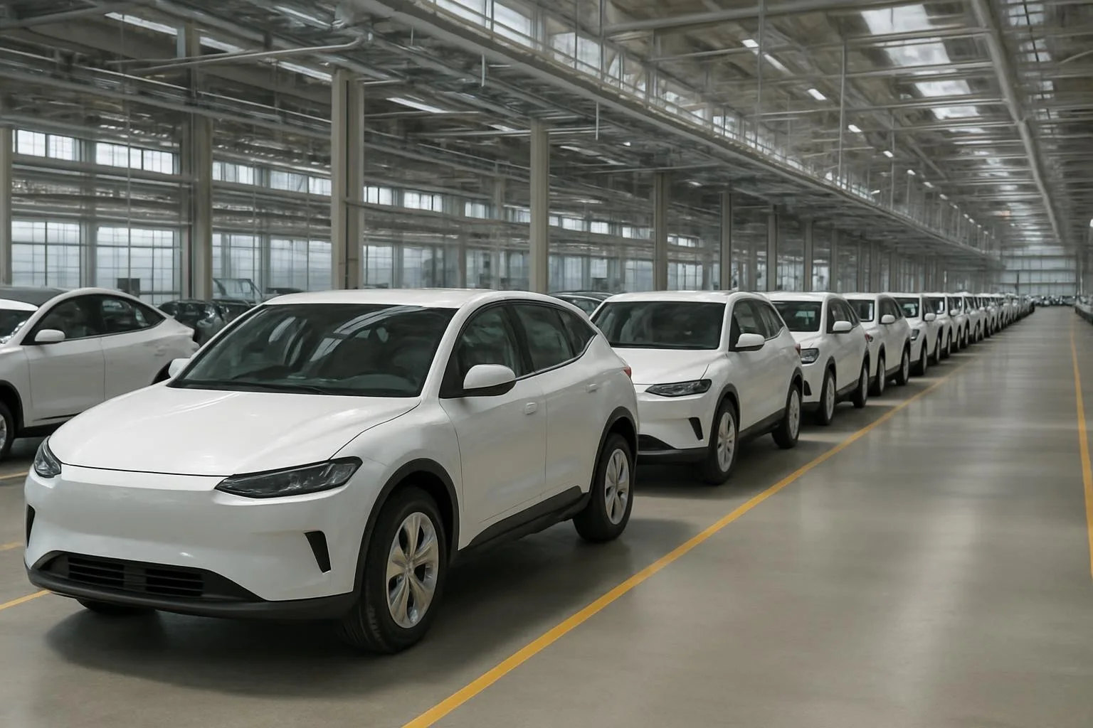 Boş otomotiv fabrikasında duran elektrikli araçlar ve üretim bandı ortamı.