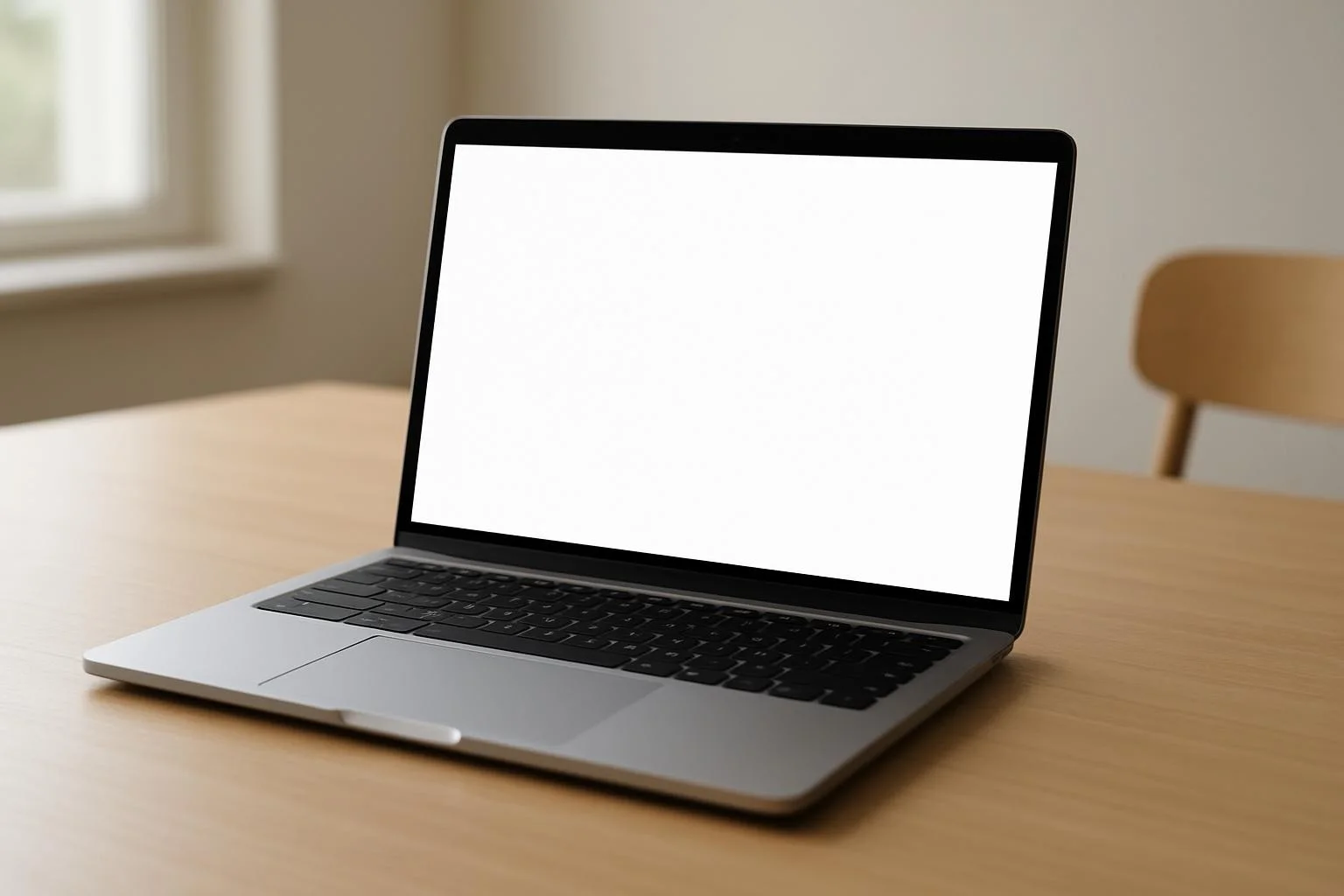 Dokunmatik ekranlı MacBook Pro, sade ve boş bir çalışma ortamında doğal ışıkta