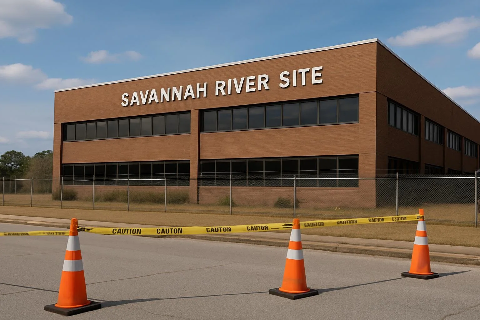 Savannah River Ulusal Laboratuvarı'nın dış görüntüsü, yangın sonrası güvenlik önlemleriyle