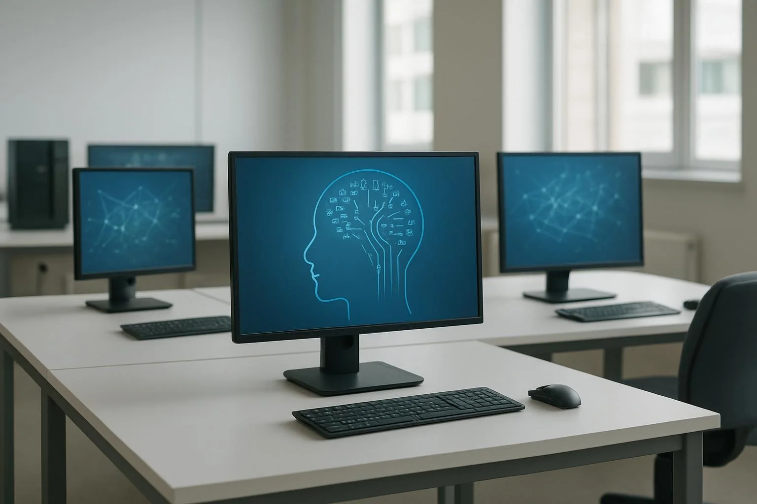 Boş ve markasız bir yapay zeka araştırma laboratuvarı ortamı, üzerinde birkaç bilgisayar ve yapay zeka temsili görseller bulunuyor.