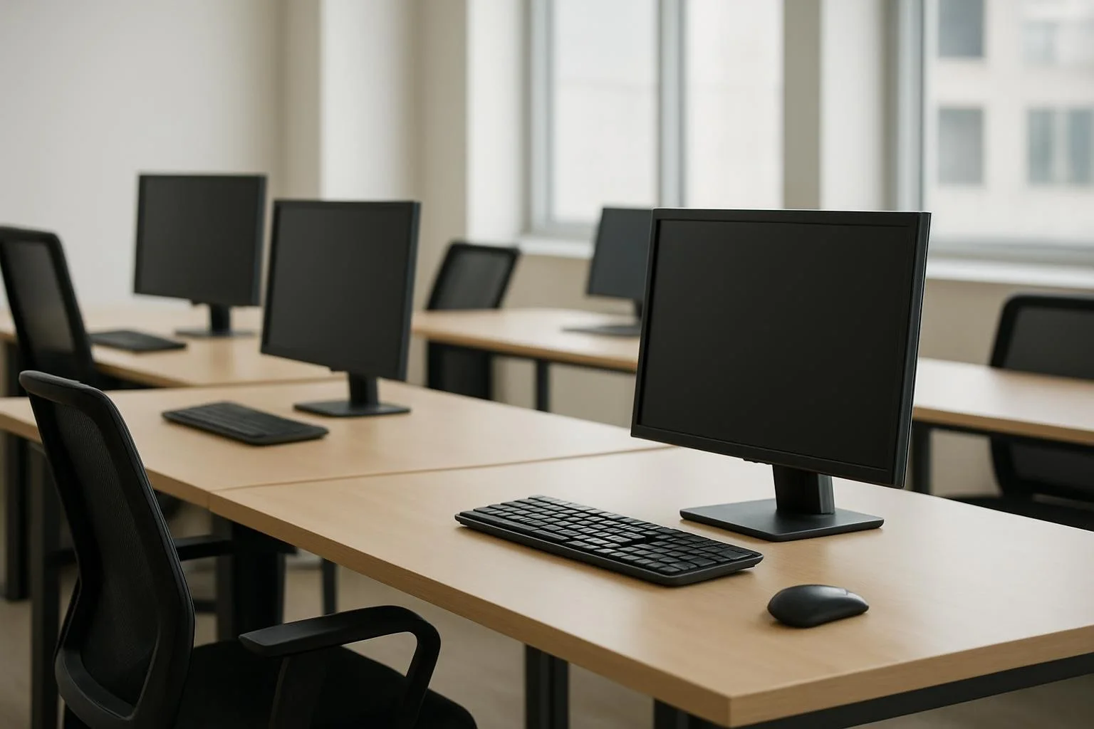 Fon tasfiye sürecini temsil eden boş ofis çalışma masaları ve bilgisayar ekranları.