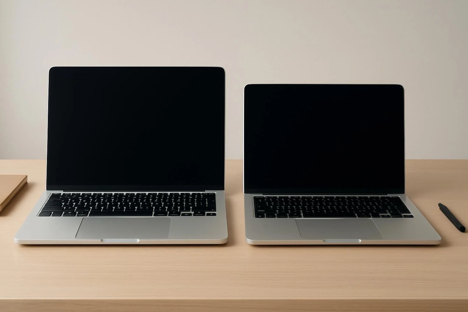 Yatay olarak masada duran dokunmatik ekranlı iki yeni MacBook Pro modeli.
