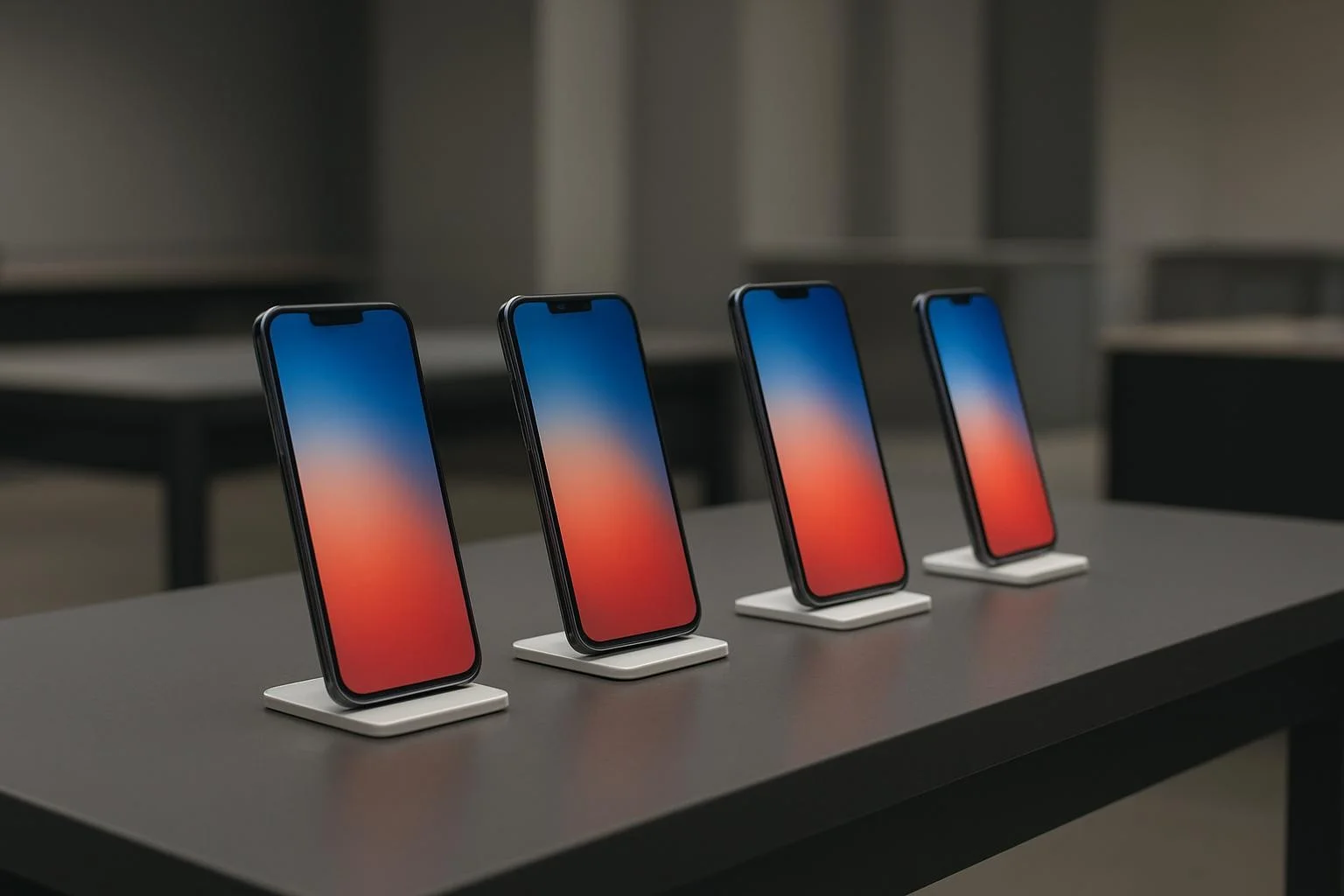 Boş ve sade bir teknoloji mağazasında yüksek çözünürlüklü akıllı telefon ekranlarını gösteren yatay teknoloji ürünü sergisi.