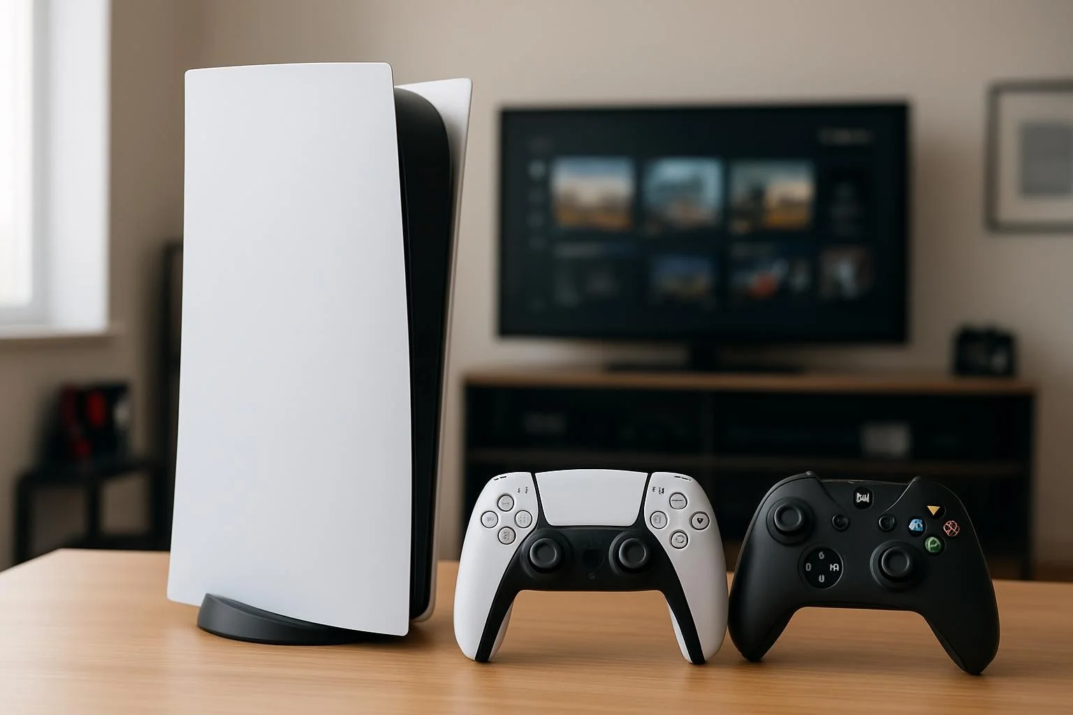 Oyun odasında boş ve markasız PS5 ve Xbox Series kumandalarıyla sade bir oyun ortamı.
